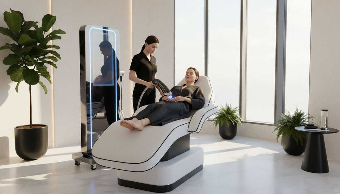 Client receiving non-invasive body treatment in clinic