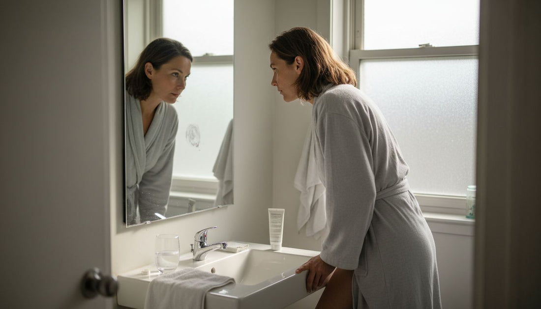 Woman examining thigh for cellulite in mirror
