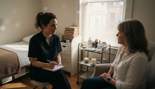 Esthetician consulting with client in clinic