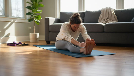 Woman stretching in sunlit living room