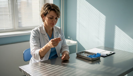 Medic dermatolog pregătește serul pentru o injecție cu botox, într-un cabinet specializat.