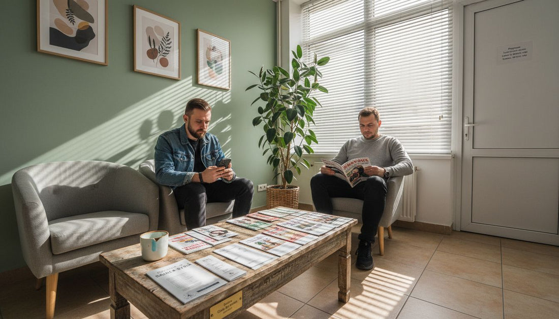 Bărbați care își așteaptă rândul la o clinică de înfrumusețare