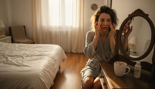 Femeie care își analizează cearcănele dimineața, în fața oglinzii