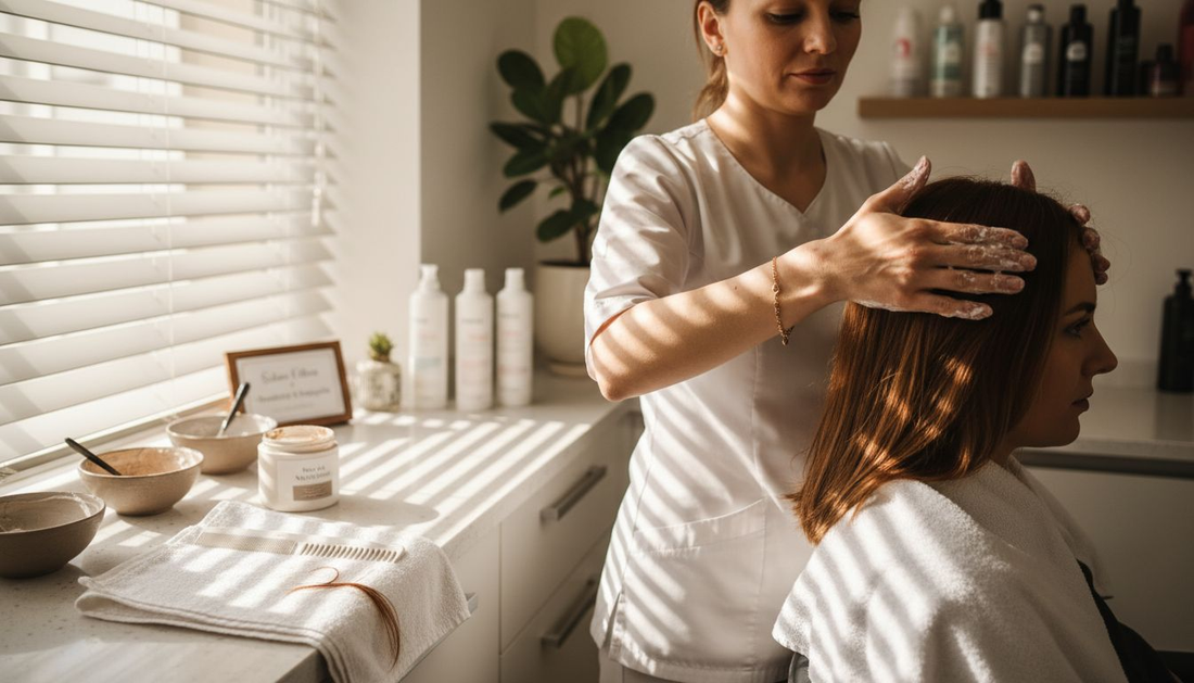 Specialistul în îngrijirea părului aplică o mască tratament în timpul unei ședințe la salon.