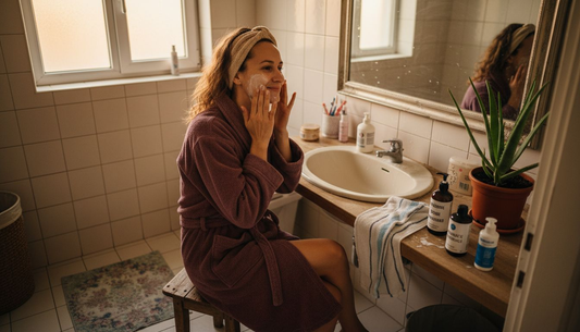 O femeie își curăță tenul în baia de acasă, bucurându-se de un moment de răsfăț personal.