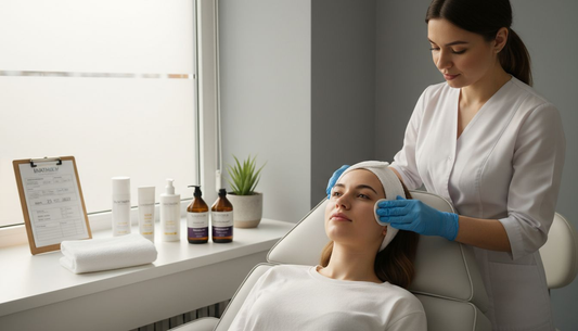 O tânără beneficiază de un tratament de curățare facială realizat de un dermatolog într-o clinică specializată.