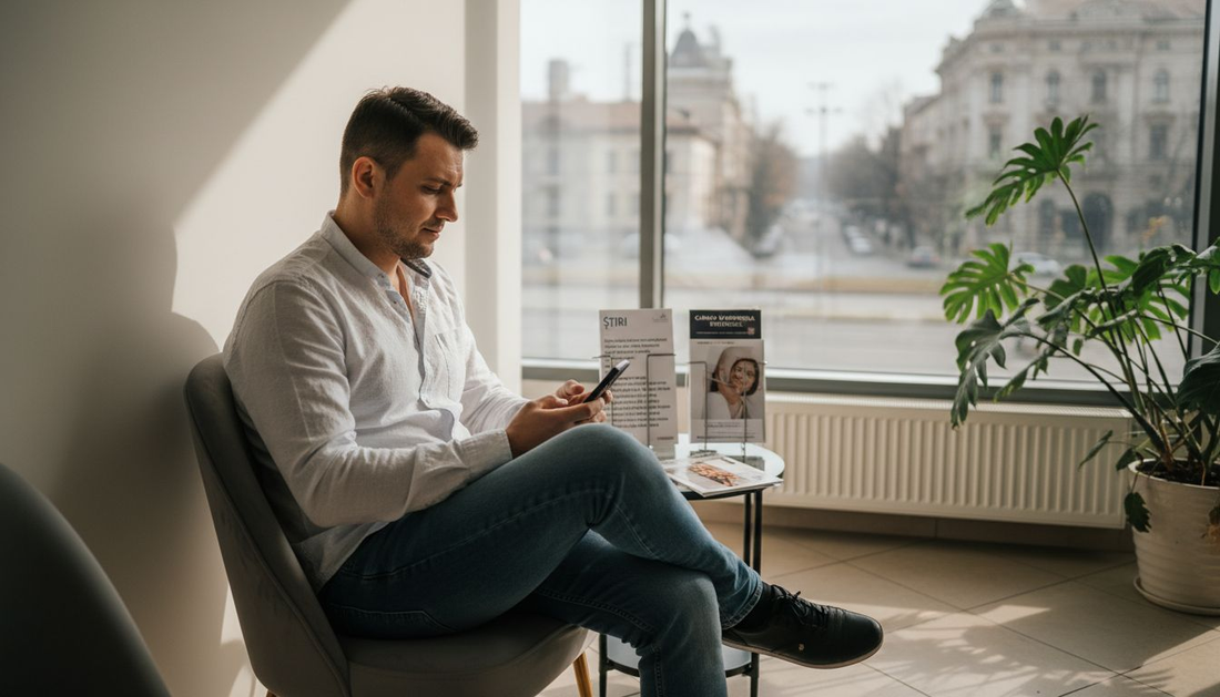 Un bărbat își așteaptă rândul în sala de așteptare a unei clinici de estetică.