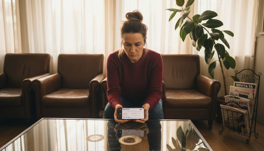 Un pacient răsfoiește recenziile despre clinică în timp ce așteaptă pe hol.