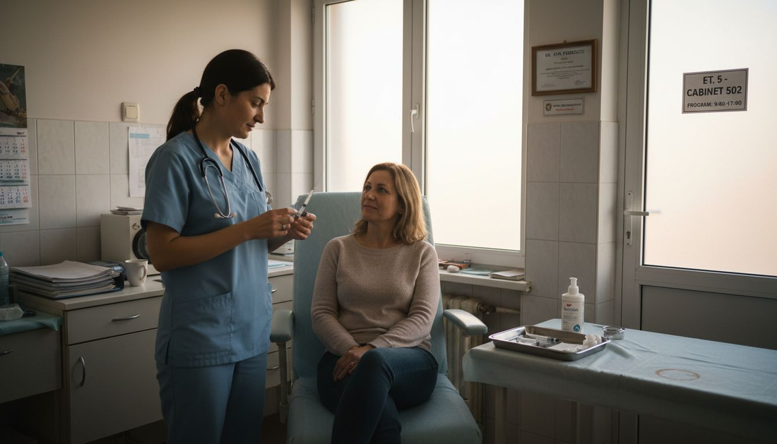 Un medic dermatolog pregătește tratamente injectabile într-o clinică din oraș.