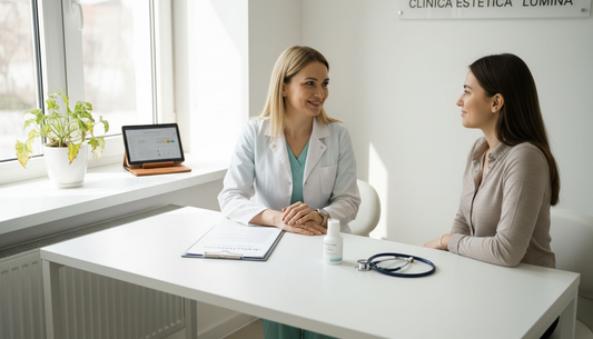 Medic estetician poartă o discuție cu pacientul său pentru a-i înțelege nevoile și a-l consilia înainte de procedură.