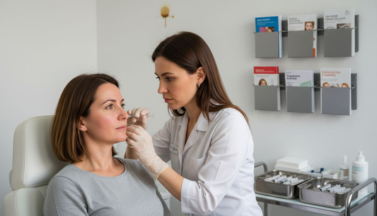 O pacientă beneficiază de o ședință de mezoterapie într-un cabinet de dermatologie.