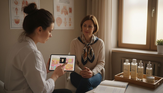 Specialistul discută cu pacientul despre tratamentele potrivite pentru îngrijirea pielii.