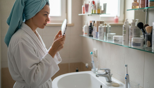 O femeie își analizează tenul în oglinda din baie, acasă.