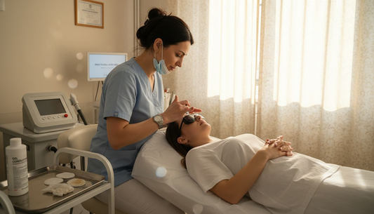 Cosmeticiană pregătește o pacientă pentru tratamentul facial cu laser