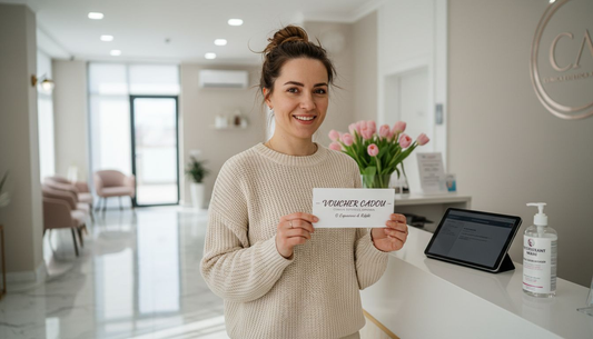 O femeie se bucură de un voucher cadou la o clinică de estetică.