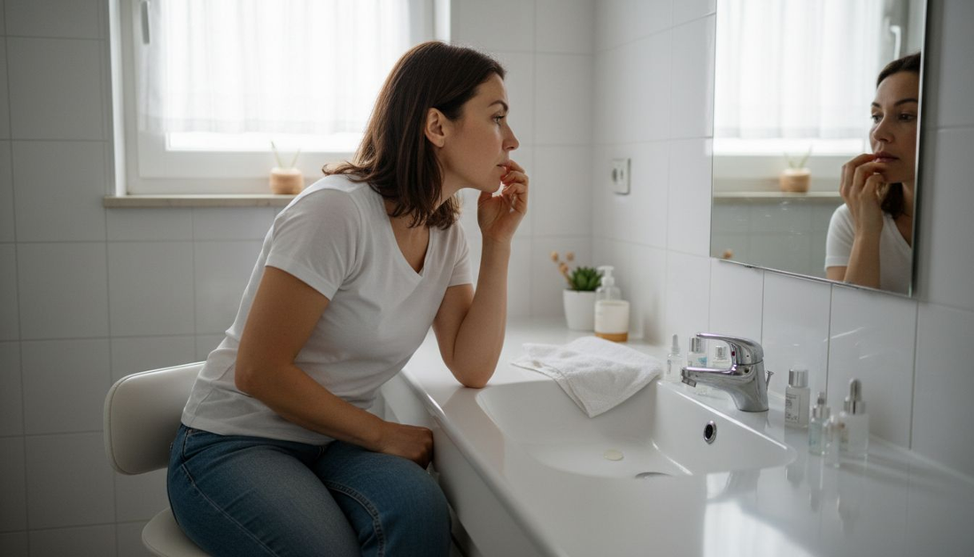 Femeie care își analizează tenul în oglinda băii