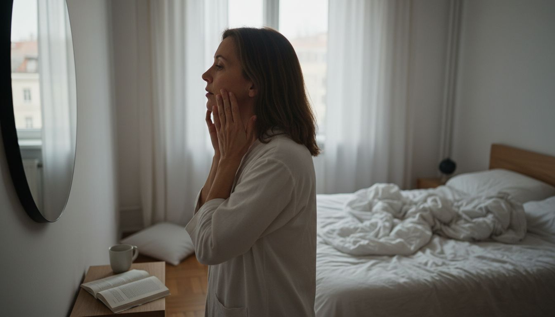 O femeie trecută de prima tinerețe își masează delicat fața, uitându-se atent în oglindă.
