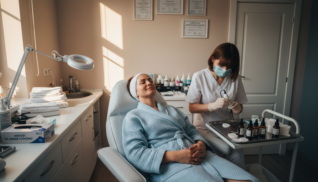 Clienta este pregătită pentru tratamentul facial la clinică.