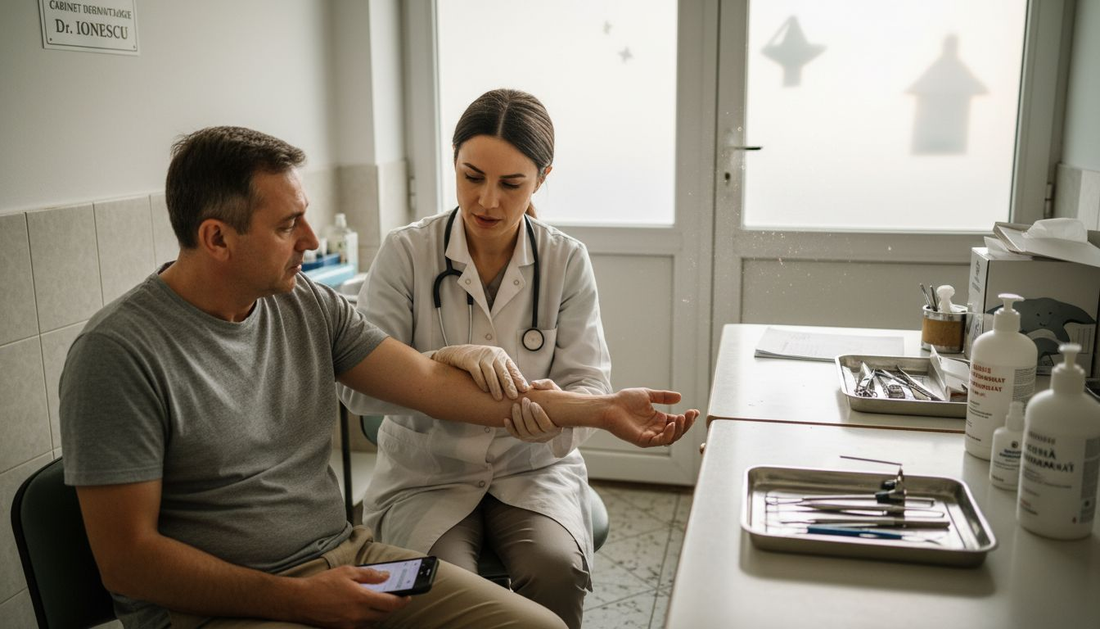 Medic dermatolog consultând brațul unui pacient adult