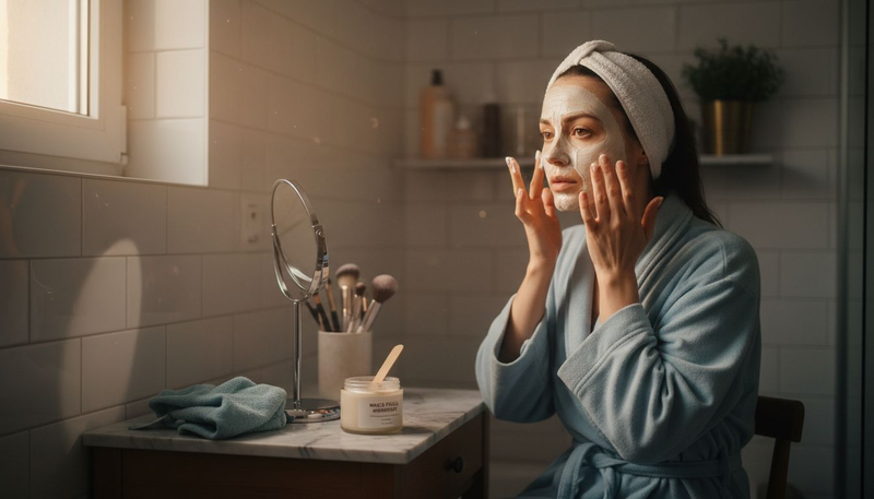 O femeie își aplică o mască facială în fața oglinzii din baie, bucurându-se de un moment de răsfăț și îngrijire personală.