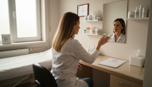 Medicul dermatolog discută cu un pacient în cabinet, oferindu-i sfaturi și recomandări pentru sănătatea pielii.