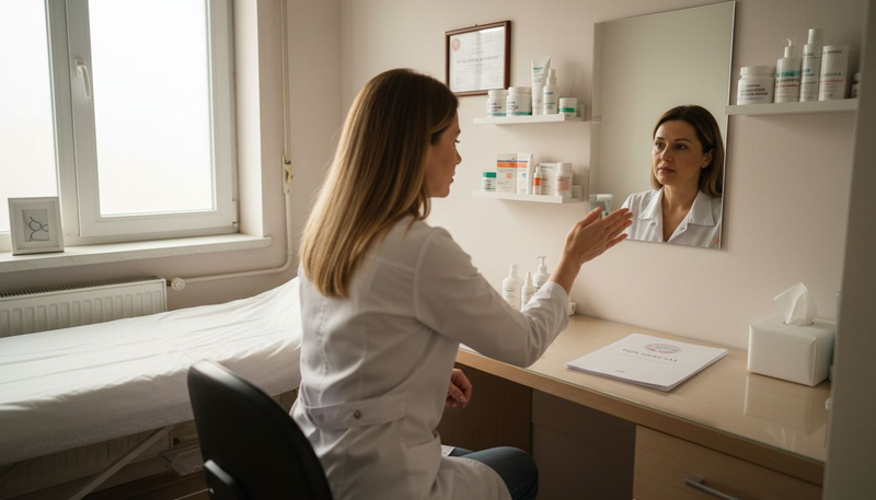 Medicul dermatolog discută cu un pacient în cabinet, oferindu-i sfaturi și recomandări pentru sănătatea pielii.