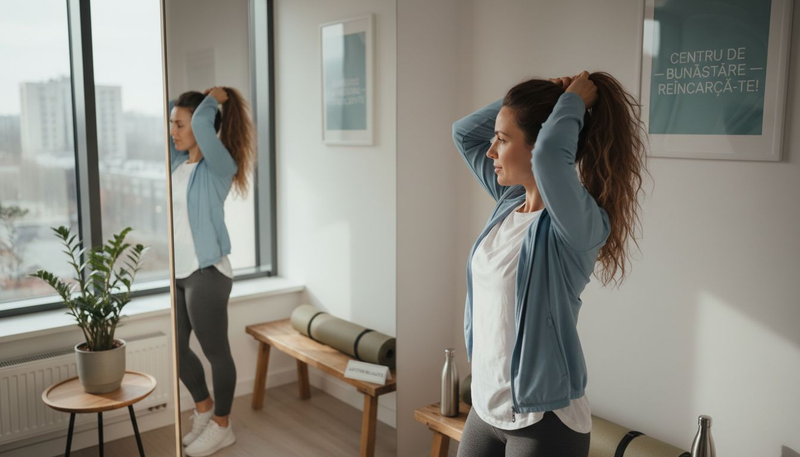 O femeie se aranjează în fața oglinzii, într-o clinică de wellness, acordându-și câteva momente pentru a-și potrivi părul.