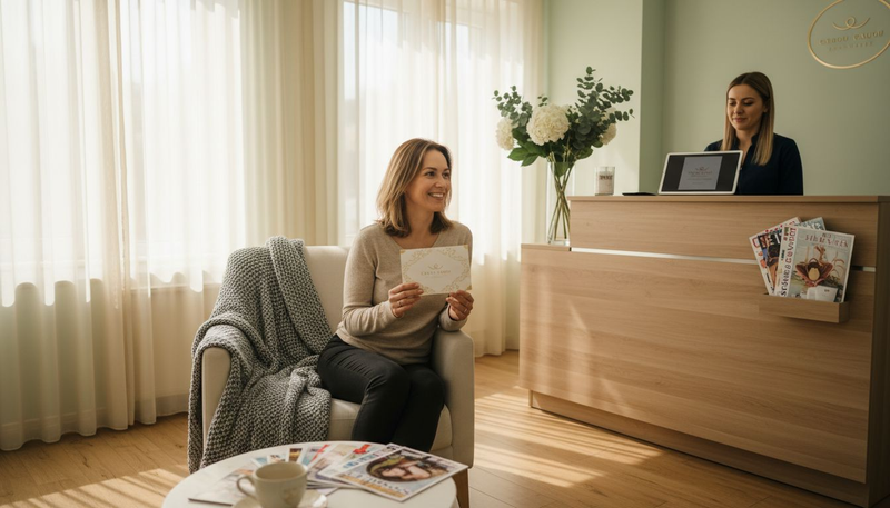 O doamnă primește un voucher pentru tratamente de înfrumusețare, într-un lounge elegant și primitor.