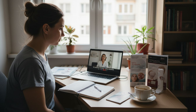 O femeie poartă o discuție online cu esteticianul, din confortul propriei case.