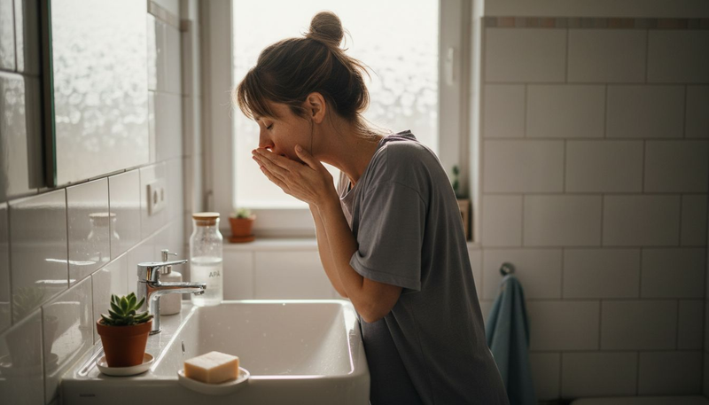 O femeie își acordă un moment de relaxare și detoxifiere blândă, într-o baie luminată de soare, bucurându-se de liniște și de atmosfera caldă.