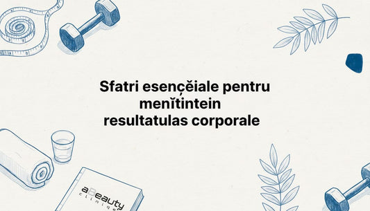 Cartonaș de titlu ilustrat cu obiecte specifice fitnessului și stilului de viață sănătos, desenate în schiță.