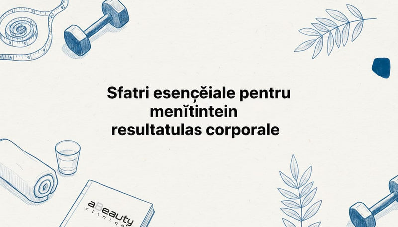 Cartonaș de titlu ilustrat cu obiecte specifice fitnessului și stilului de viață sănătos, desenate în schiță.