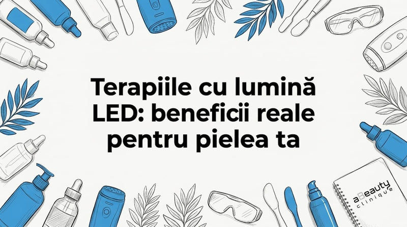 Card de blog cu titlu încadrat de ilustrații desenate de mână ce reprezintă dispozitive pentru îngrijirea pielii