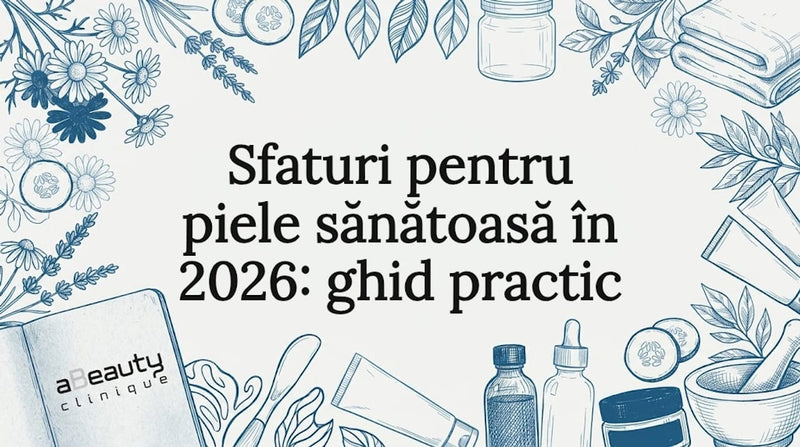 Cartonaș decorativ cu flori și plante folosite în îngrijirea pielii, alături de recipiente elegante pentru cosmetice.