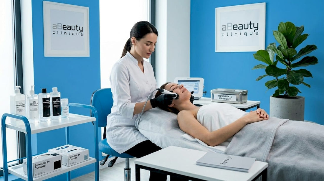 O specialistă în estetică aplică un tratament cu radiofrecvență unei cliente, într-un salon de înfrumusețare.