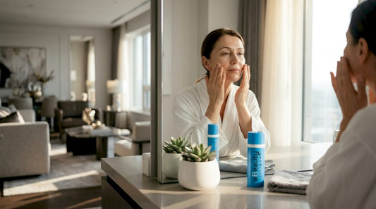 O femeie trecută de prima tinerețe își aplică crema de față lângă fereastră, profitând de lumina naturală.