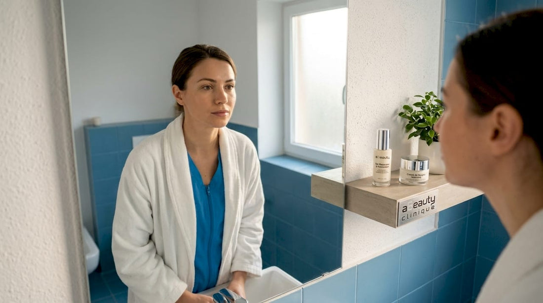 O femeie admiră rezultatul unui ten strălucitor după un tratament la clinică.