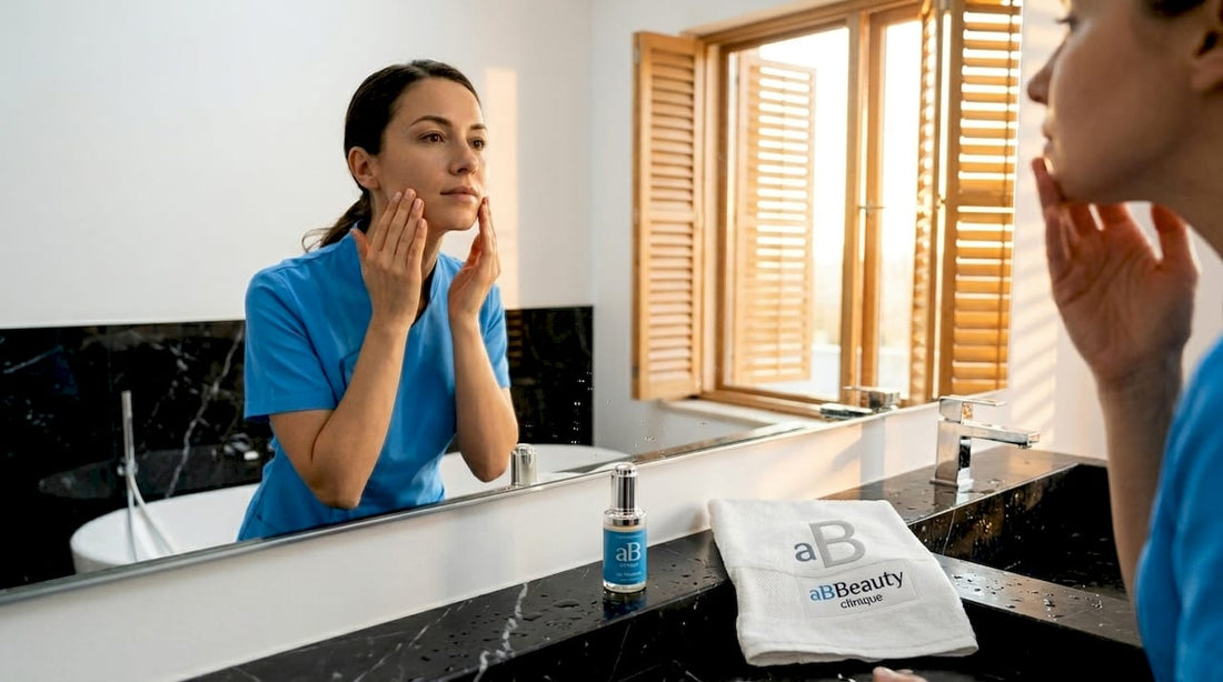 O femeie își aplică ser cu vitamine pentru îngrijirea tenului.