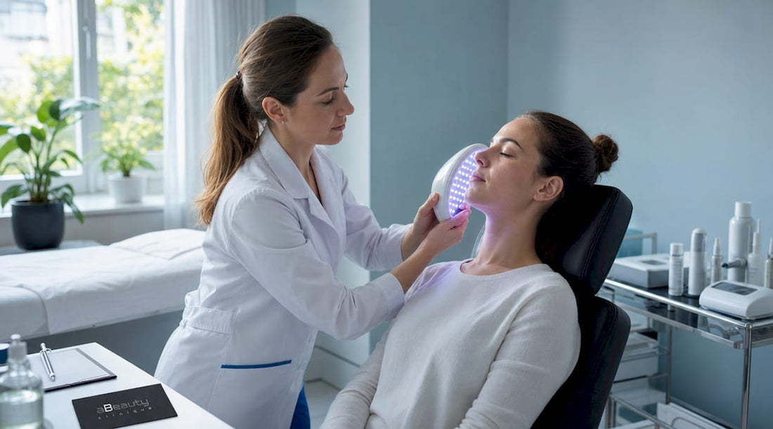 Specialistă în cosmetică aplicând terapie facială cu lumină LED într-un cabinet de înfrumusețare