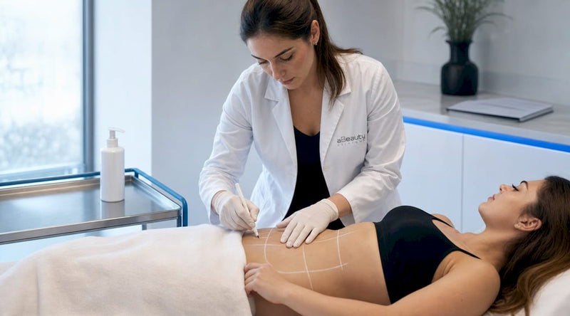 Medicul trasează contururile pe abdomen înainte de procedura de remodelare corporală.