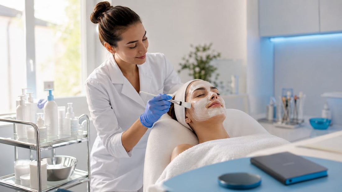 O cosmeticiană aplică o mască facială unei cliente, în cadrul unui tratament profesional la salon.