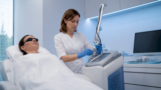 Într-un cabinet medical, dermatologul pregătește aparatul cu laser pentru următoarea procedură.