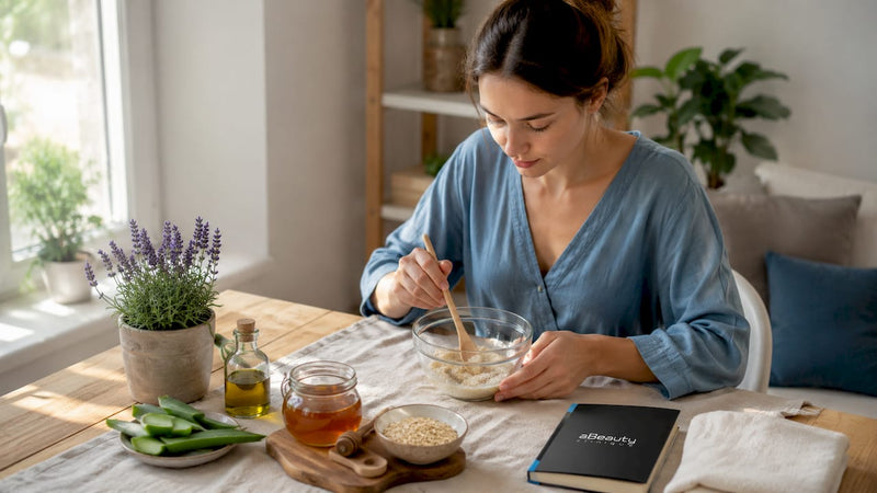 Femeie pregătind acasă o mască facială din ingrediente naturale