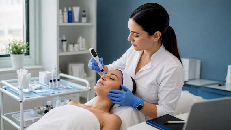 Un medic dermatolog aplică tratamentul Dermapen unui pacient, pentru îmbunătățirea aspectului pielii.