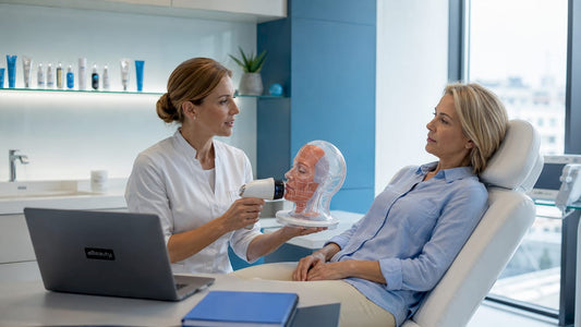 Medic dermatolog prezintă cum funcționează un aparat modern pentru lifting facial, fără intervenții invazive.