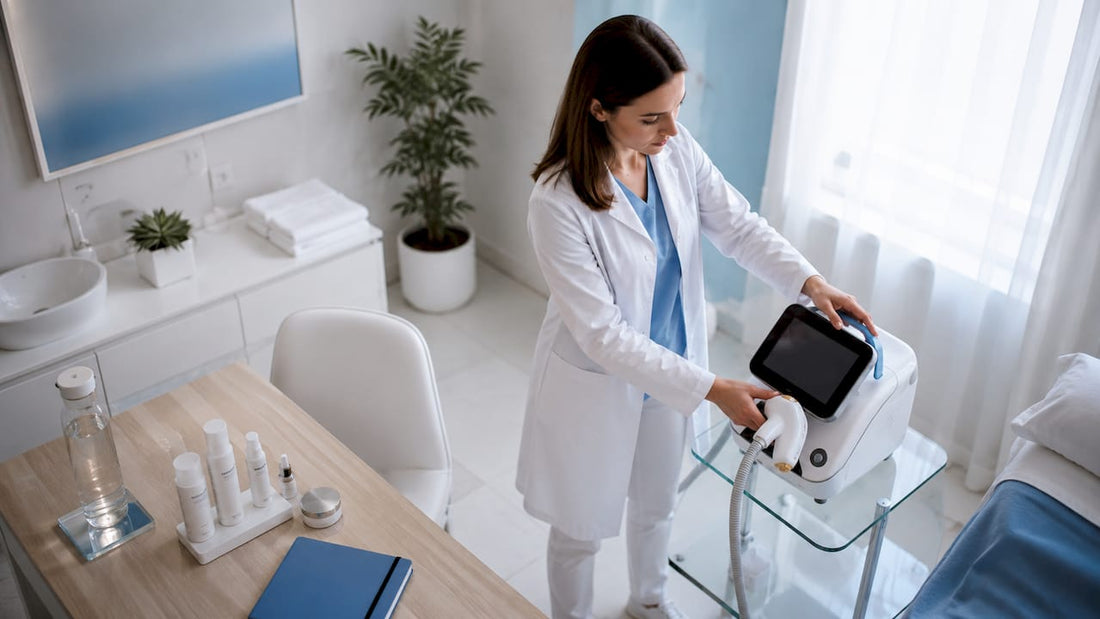 Un medic dermatolog se pregătește să utilizeze aparatul cu laser pentru proceduri estetice într-o clinică modernă.