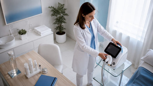 Un medic dermatolog se pregătește să utilizeze aparatul cu laser pentru proceduri estetice într-o clinică modernă.