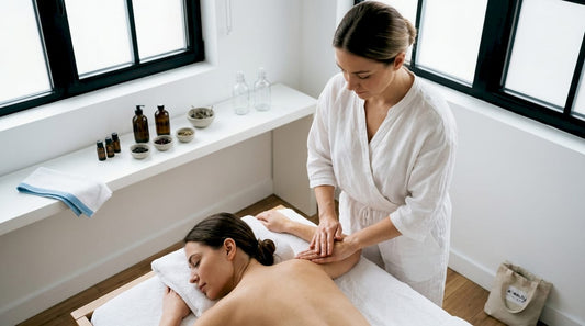 Terapeutul din spa aplică uleiuri esențiale în timpul ședinței de relaxare.