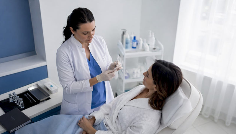 O pacientă urmează o ședință de mezoterapie într-un cabinet dermatologic.