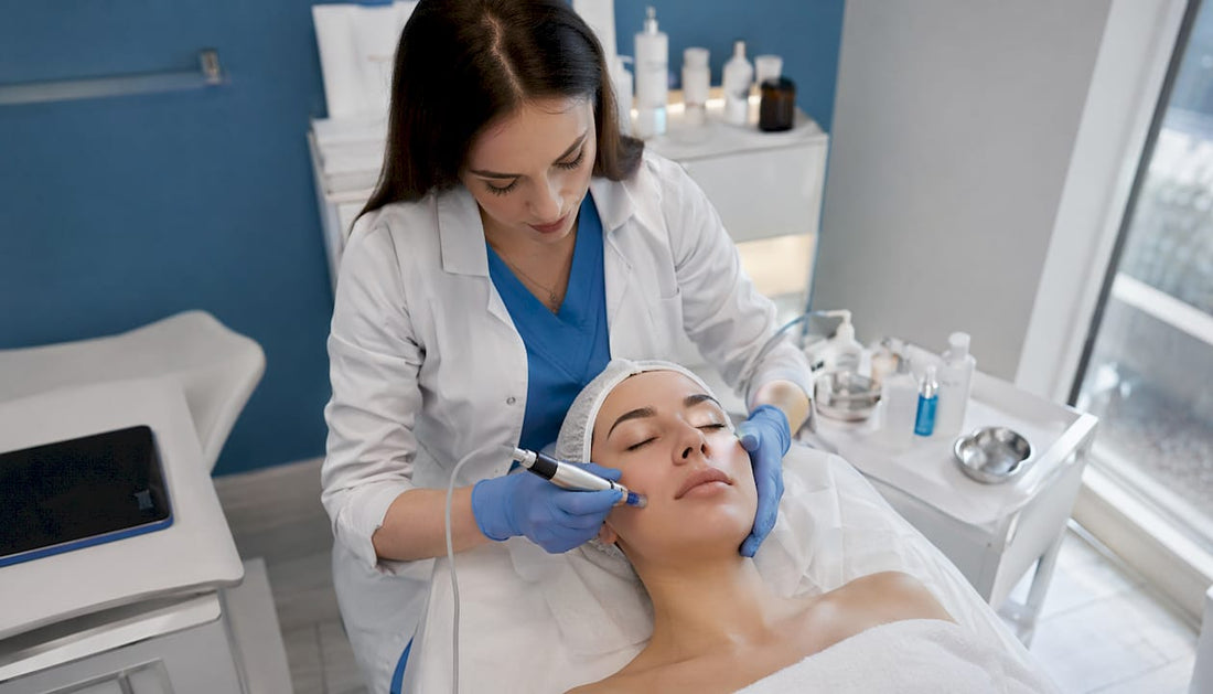 Un specialist aplică tratamentul Dermapen pe fața unei paciente.